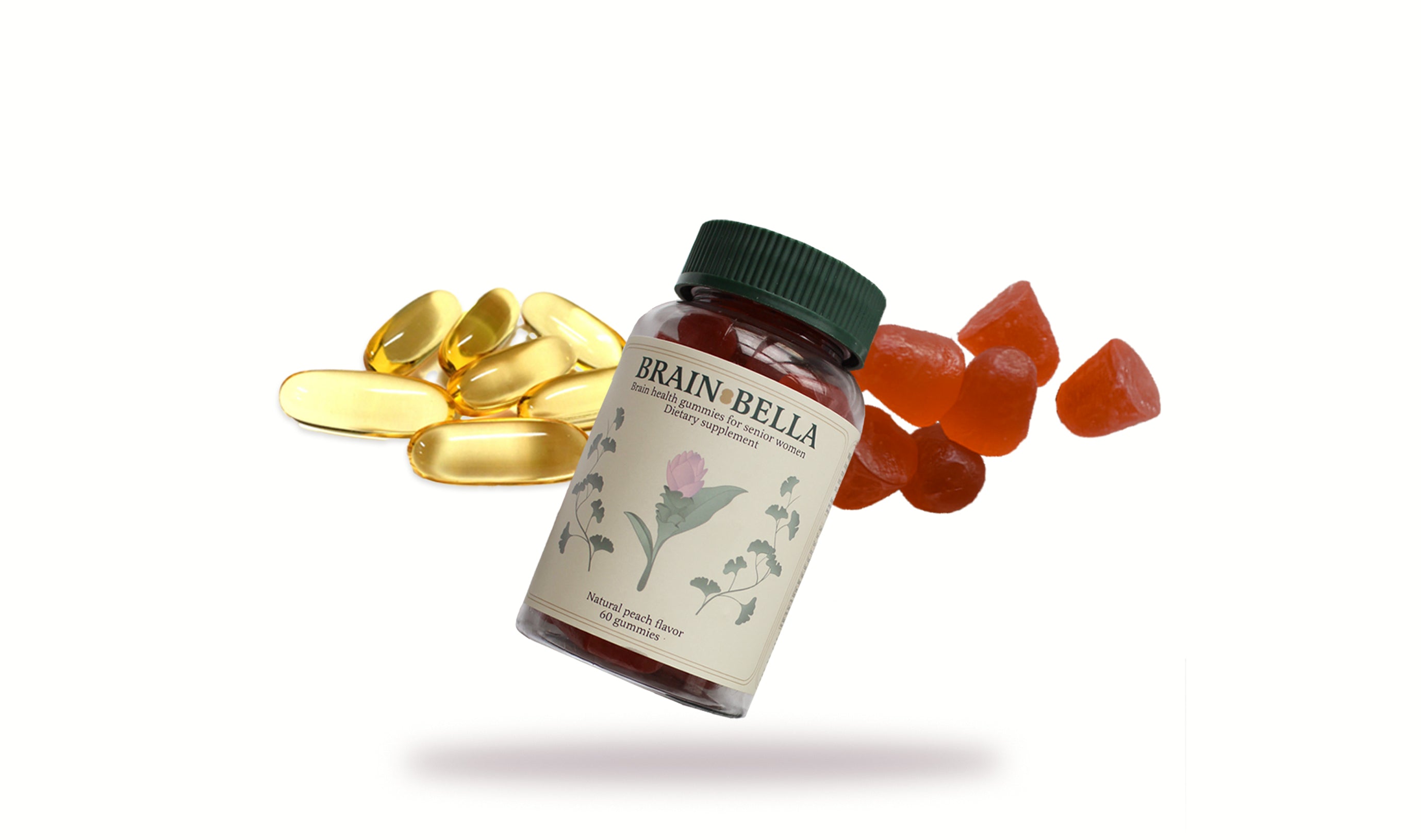 Brain-Bella supplement bottle with omega 3 capsules and red gummies on a white background
